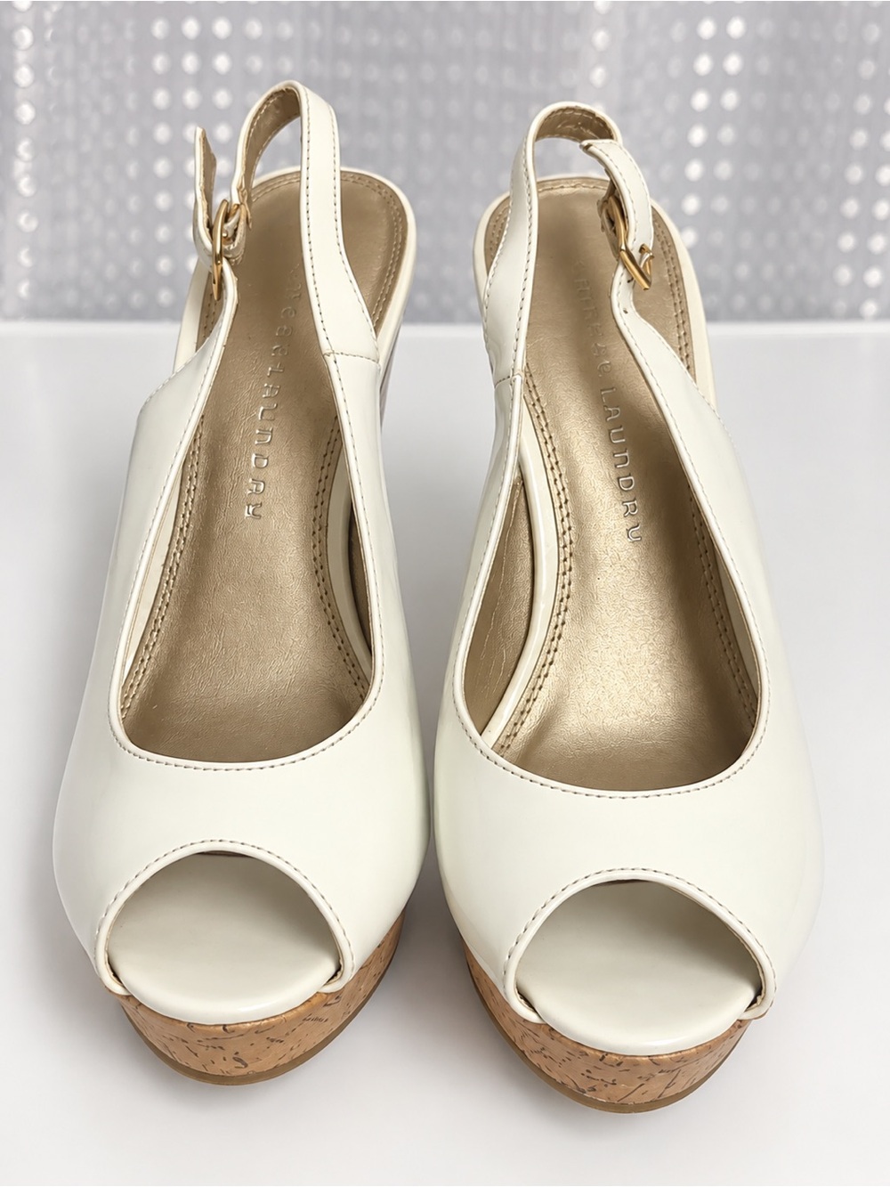 Laundry By Shelli Segal White Peep-Toe Cork Platform Slingback Wedges